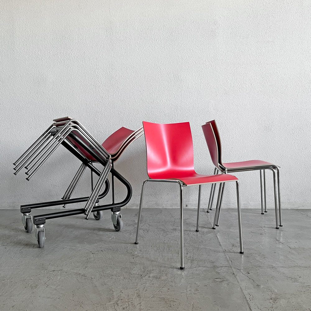 エンゲルブレヒト Engelbrechts チャリック CHAIRIK 101 スタッキングチェア 4本脚 バーチ材 レッド 6脚セット 専用トローリー付 エリック・マグヌッセン 未使用保管品 〓