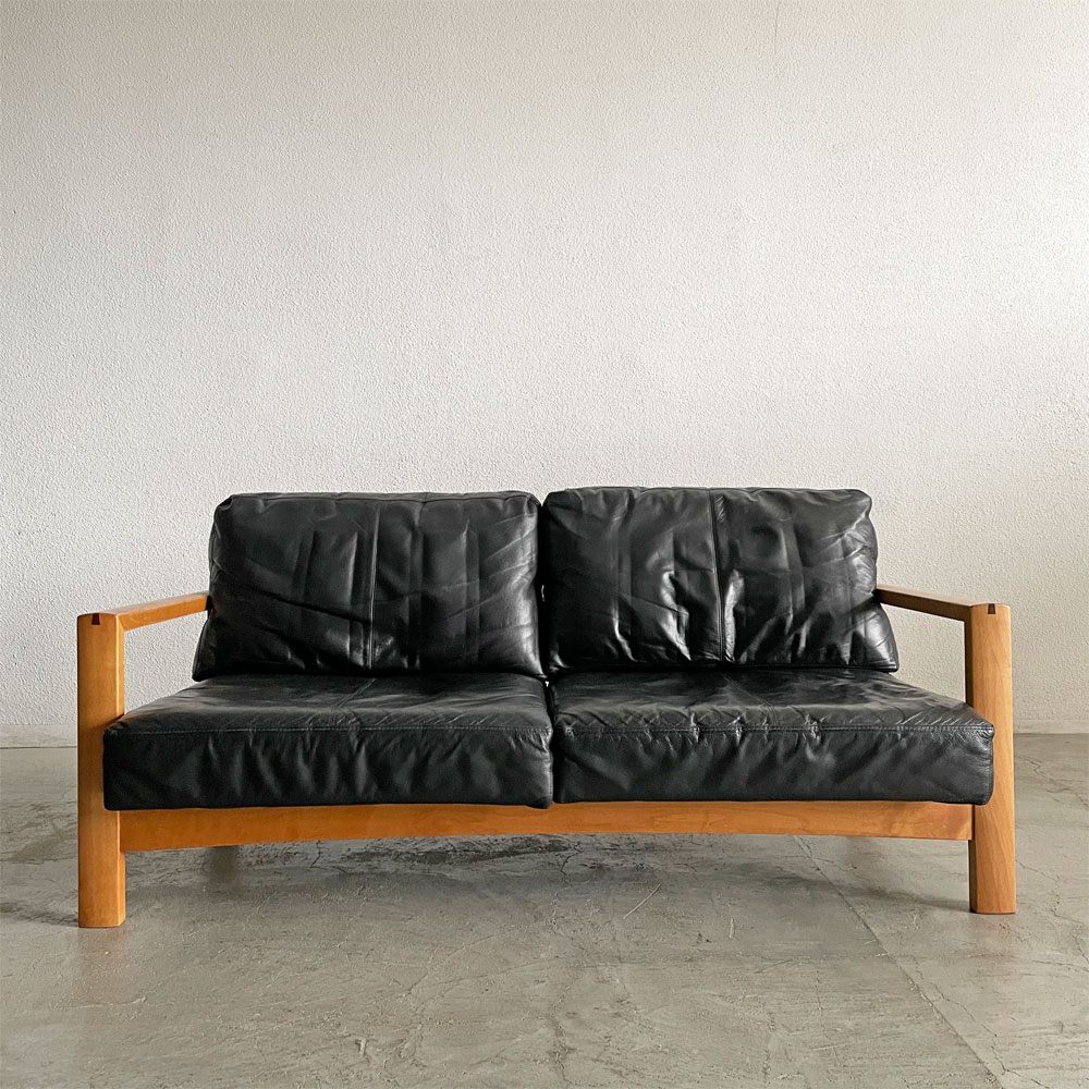 朝日木材加工 ASAHIWOOD ボスコ BOSCO エーボスコ A-BOSCO 2人掛けソファ W161cm チェリー無垢材 本革 ブラックレザー アクタス取扱 〓