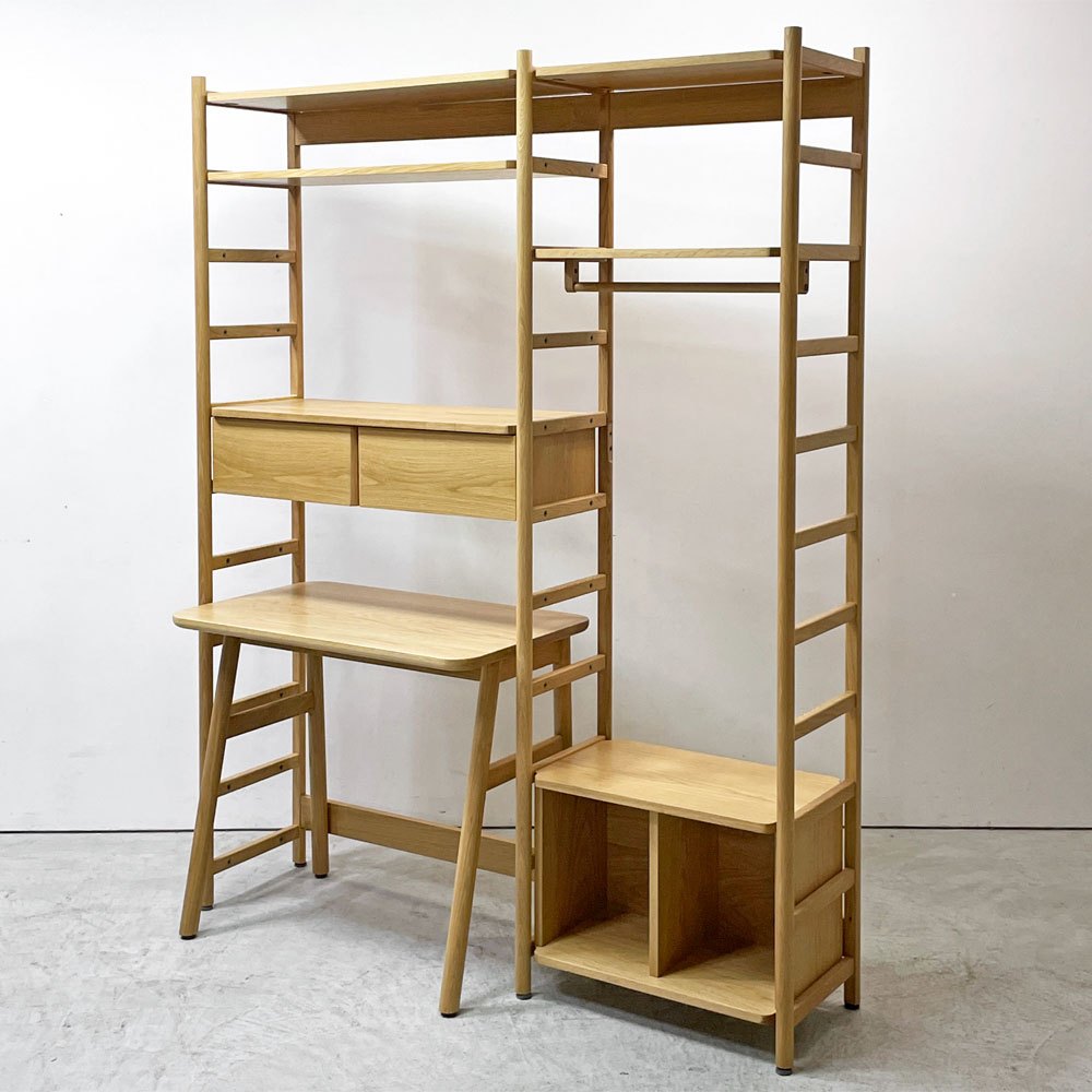 アクタスキッズ ACTUS KIDS リピア ツー RIPIA 2 ハイシェルフ ドロワー & デスク & ハンガーバー付き オーク材 2列 W90＋56.5cm 学習机 廃番 ●