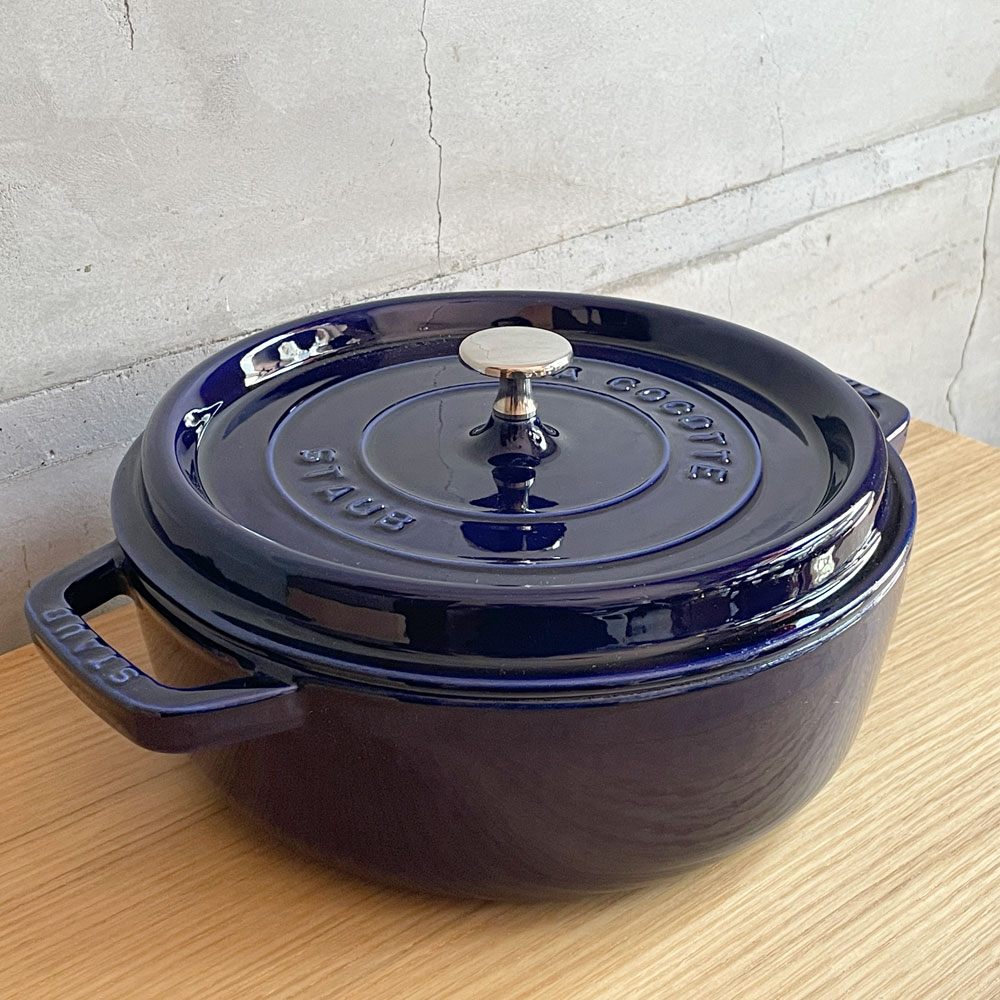 ストウブ staub ココットラウンド シャロー ホーロー 両手鍋 IH対応 26cm グランドブルー 26cm 箱付き ♪