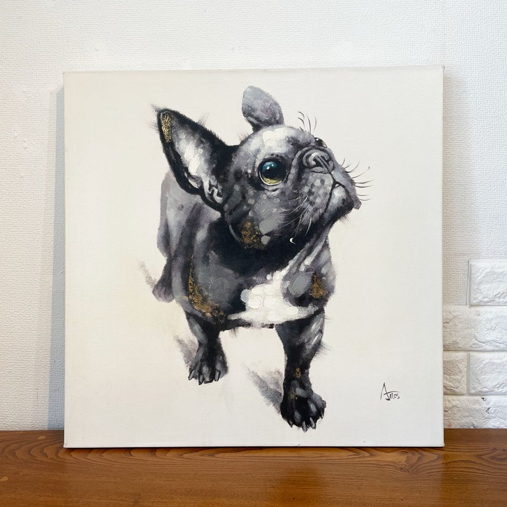 リビングハウス LIVING HOUSE アートペイント 見上げるフレンチブルドッグ 犬 60x60cm キャンバス画 壁掛けインテリア ◎