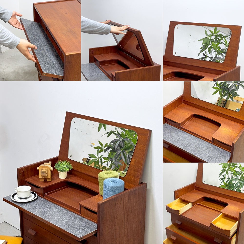 デンマークビンテージ Danish Vintage チーク材 ドレッシングチェスト 化粧台 チェスト キャビネット ドロップダウンドア 3ドロワー 北欧家具 ●