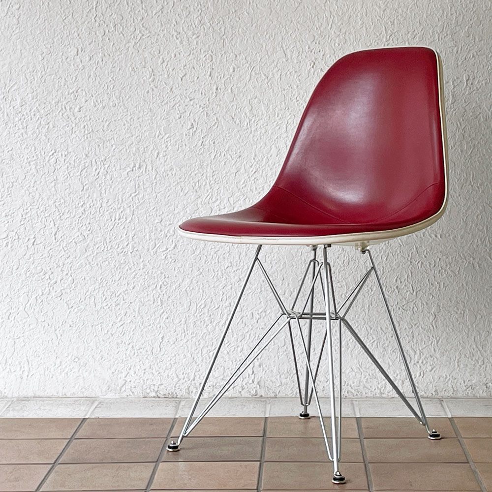 ハーマンミラー Herman Miller サイドシェルチェア 3rd パーチメント PVCレザー ボルドー エッフェルベース リプロダクト脚 イームズ ビンテージ ミッドセンチュリー ◇