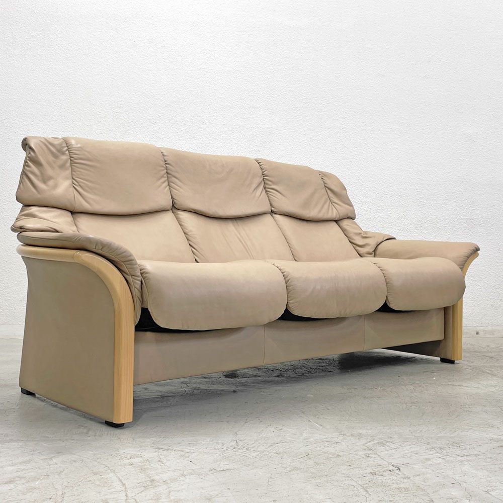 エコーネス EKORNES ストレスレス Stressless エルドラド Eldorado 3シーター サンド リクライニングソファ オーク材 総革 北欧 ノルウェー 定価約102万 〓