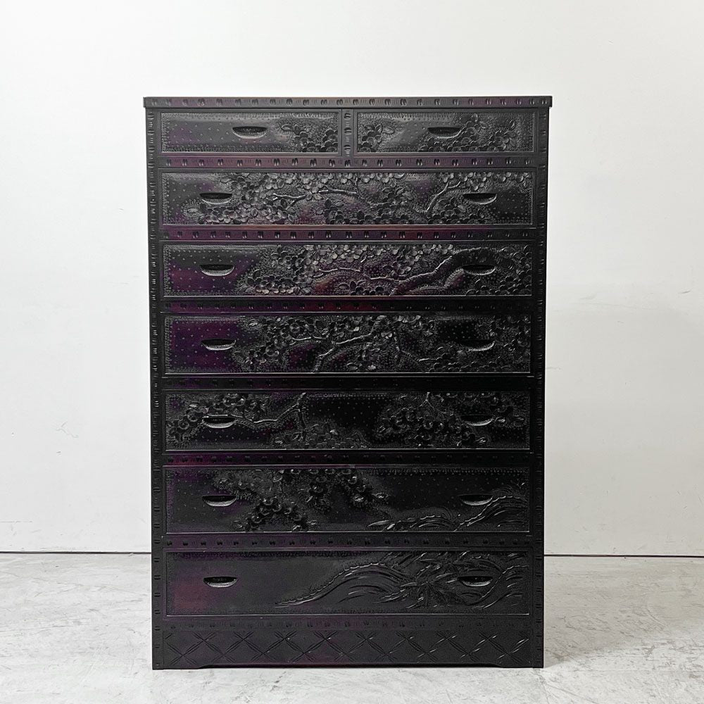 軽井沢彫 箪笥 チェスト 7段 抽斗8杯 桜彫刻 星打ち 細密彫刻 伝統工芸品 民藝家具 ●