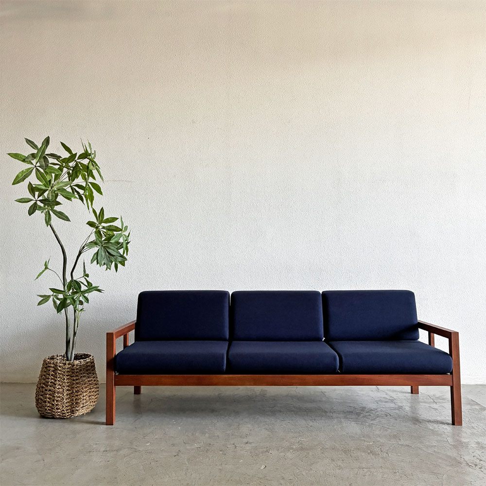 ジャクソンファニチャー Jackson Furniture チーク材 3シーターソファ 3人掛け W207cm ファブリック ネイビー系 座面ウレタン交換＆カバー張替済 USビンテージ 〓