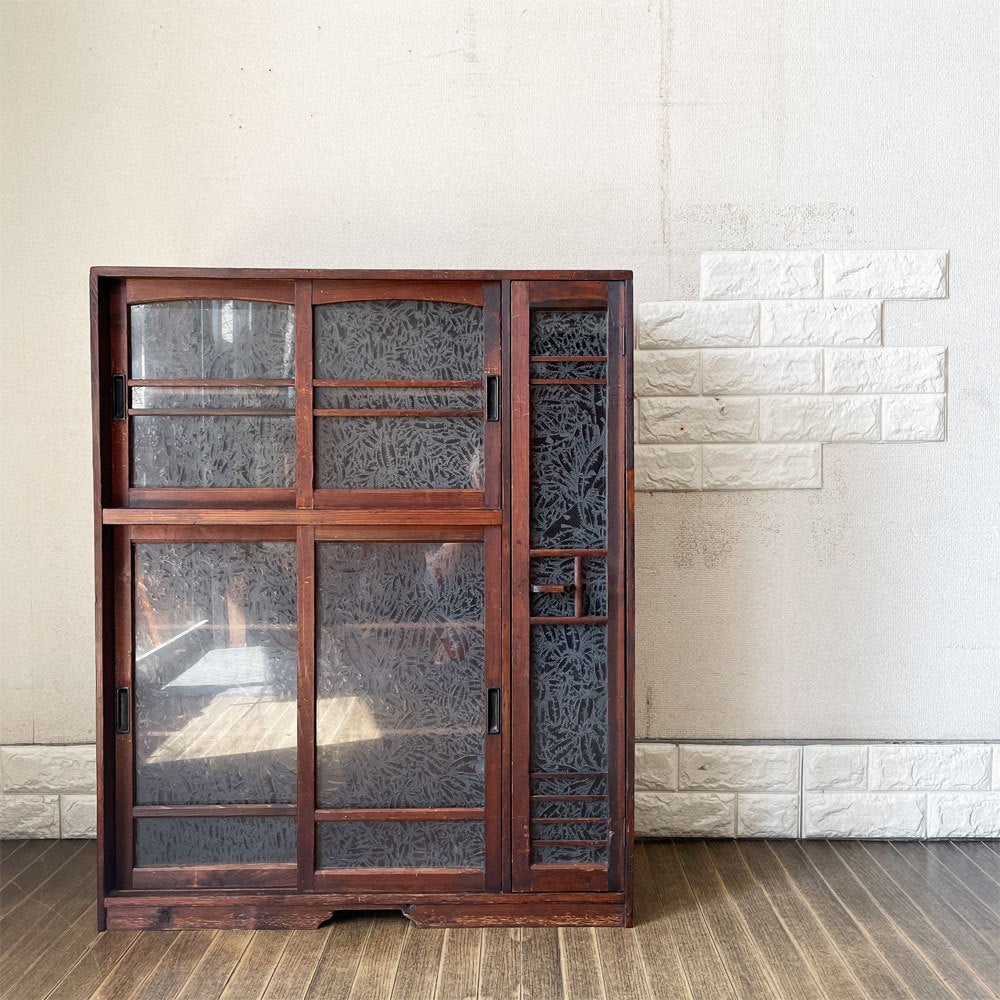 ジャパンビンテージ Japan Vintage 古い木味の食器棚 ガラスキャビネット W71.5cm 結霜ガラス 古家具 ◎