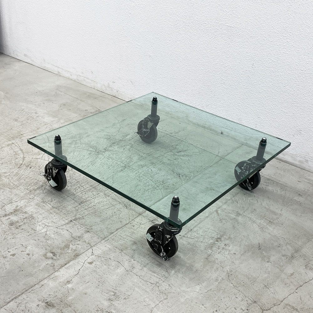 オーダーメイド 大型キャスター付き ガラステーブル W90cm スクエア 〓