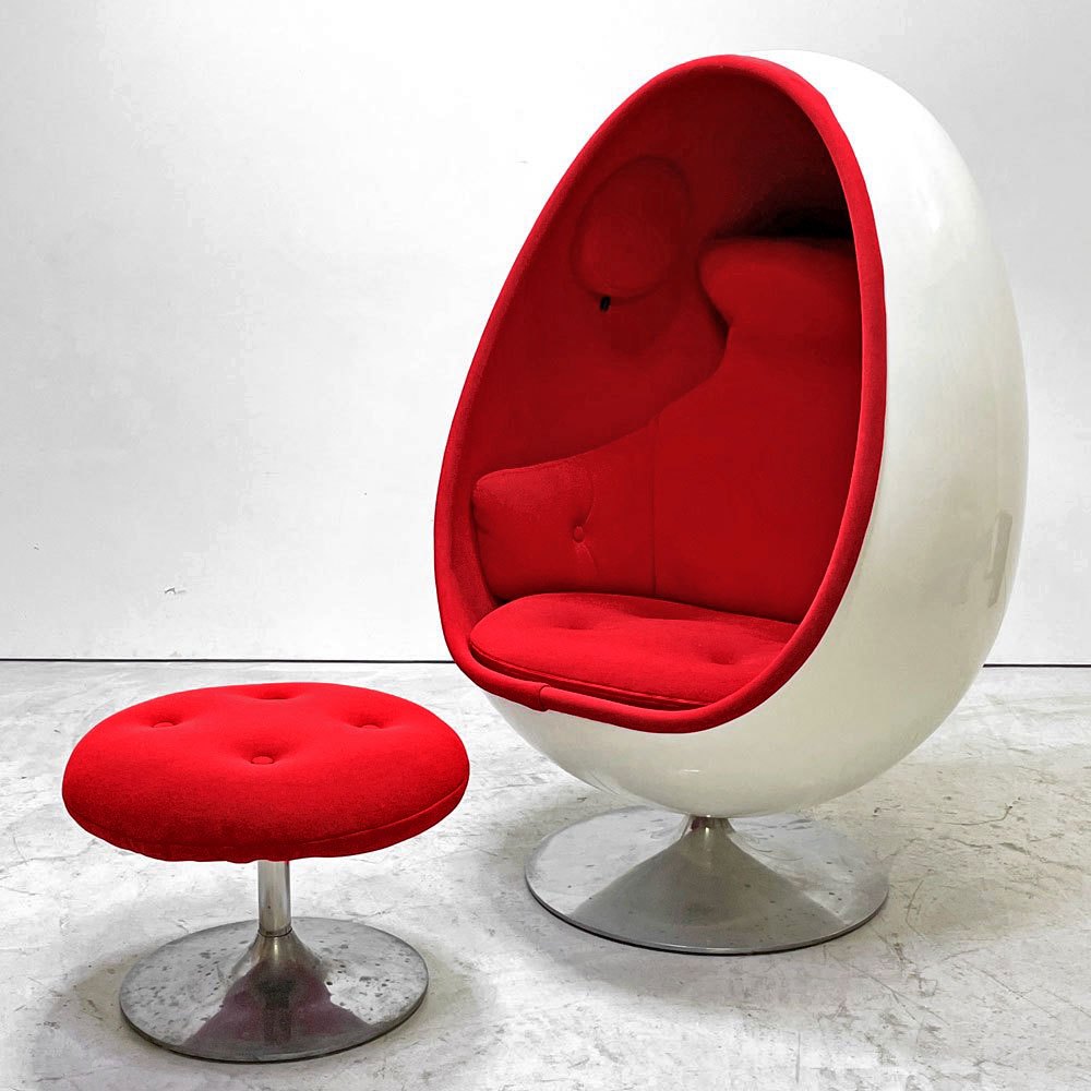 ヘンリックソーラーセン Henrik Thor-Larsen オヴァリアエッグチェア Ovalia Egg Chair FRP ホワイト×レッド ステレオスピーカー内蔵 オットマン付き ビンテージ スペースエイジ ●