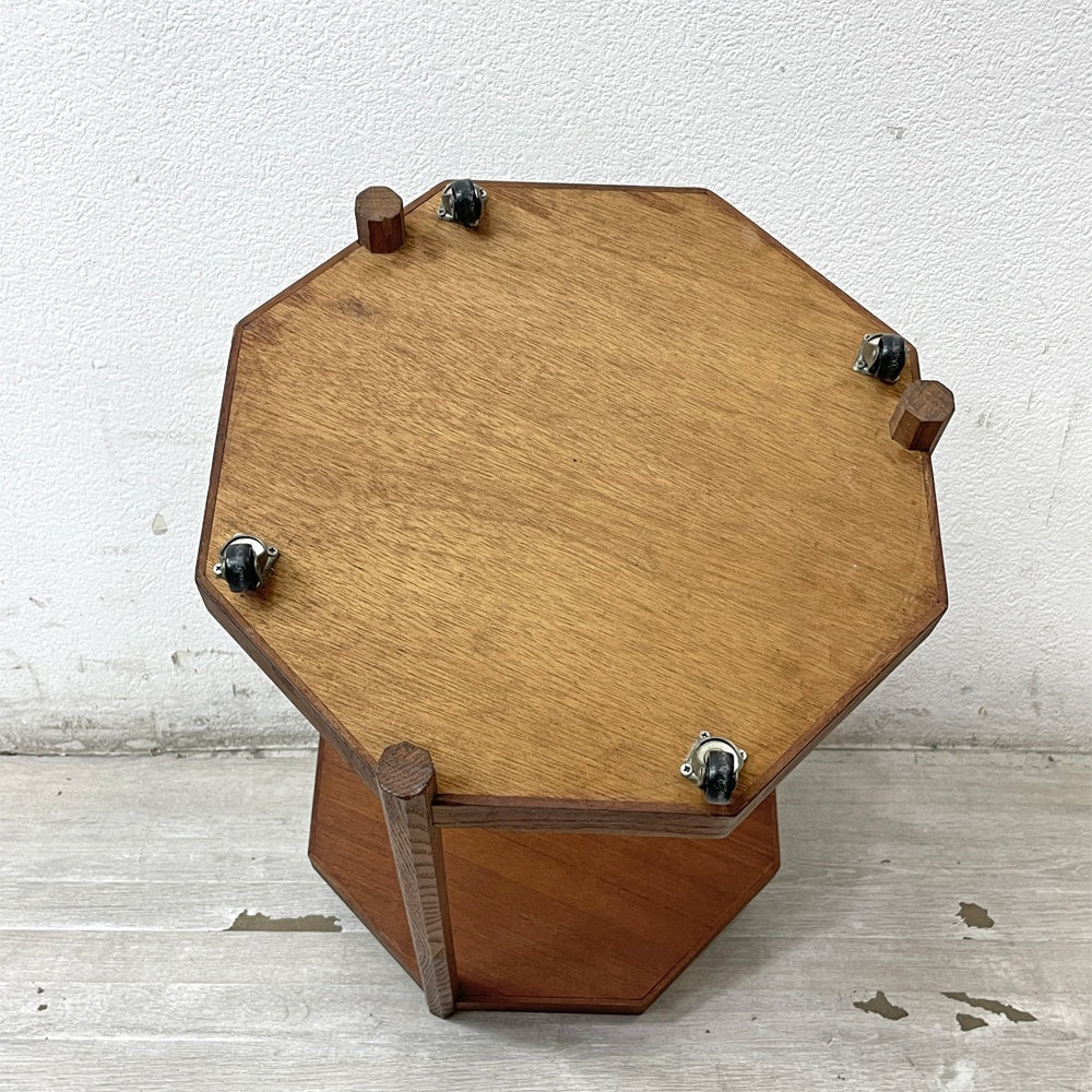 ジャパンビンテージ チーク材 八角形 サイドテーブル 花台 キャスター付き vintage ●