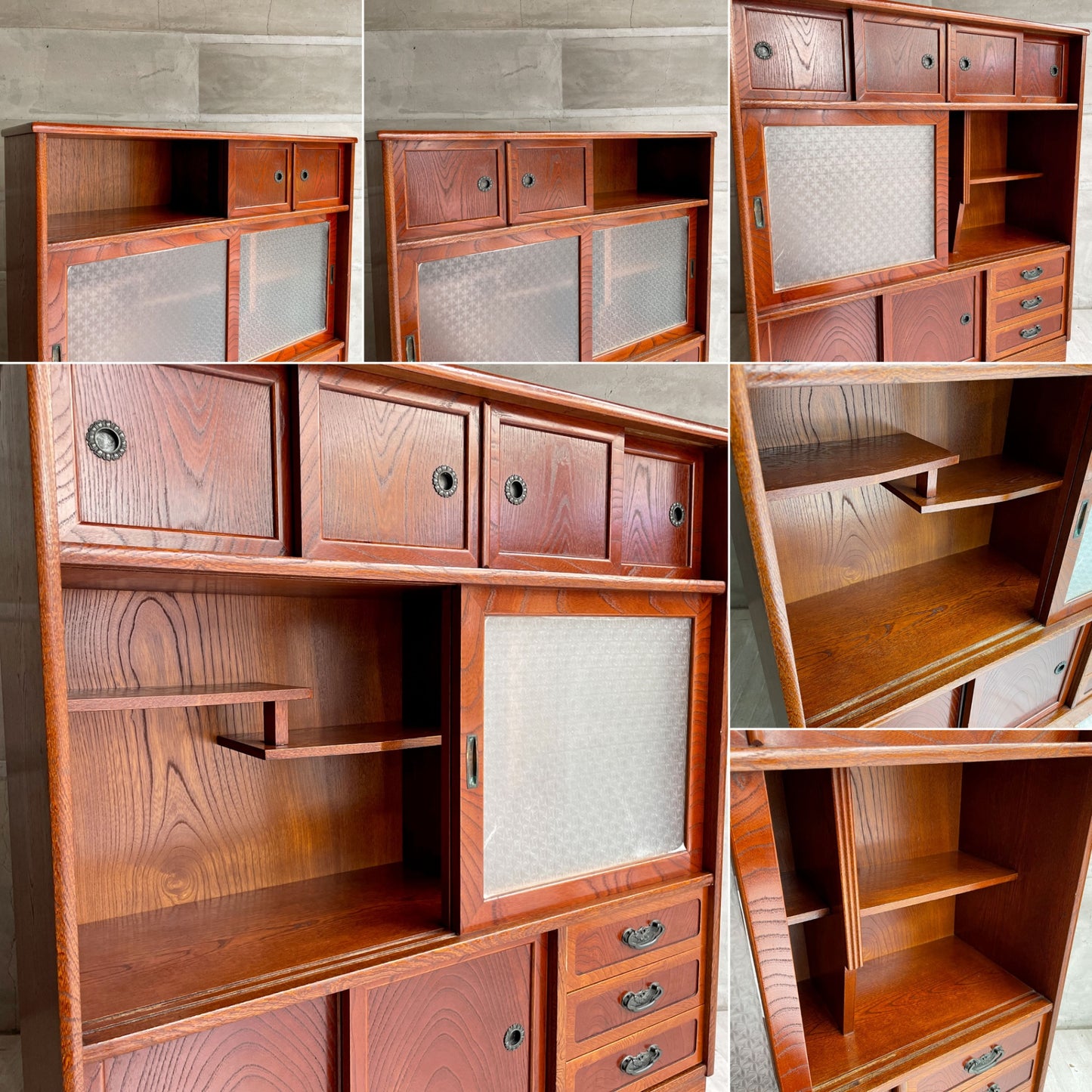 ジャパンビンテージ Japan Vintage 茶箪笥 食器棚 ガラス戸 抽斗 欅材 レトロ 古家具 和家具 ♪