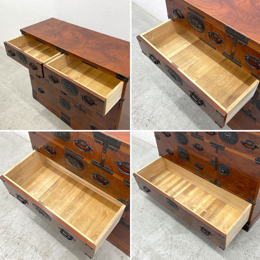 民芸箪笥 欅材 4段抽斗5杯 整理ダンス チェスト W120cm 鍵付き 和箪笥 和家具 〓