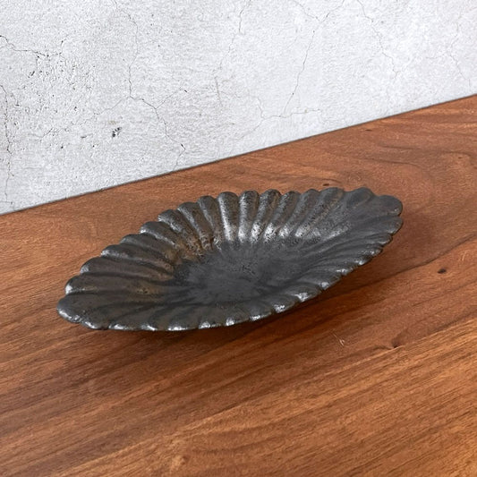 安福由美子 錆釉菊菱形皿 18.5cm 現代作家 ♪