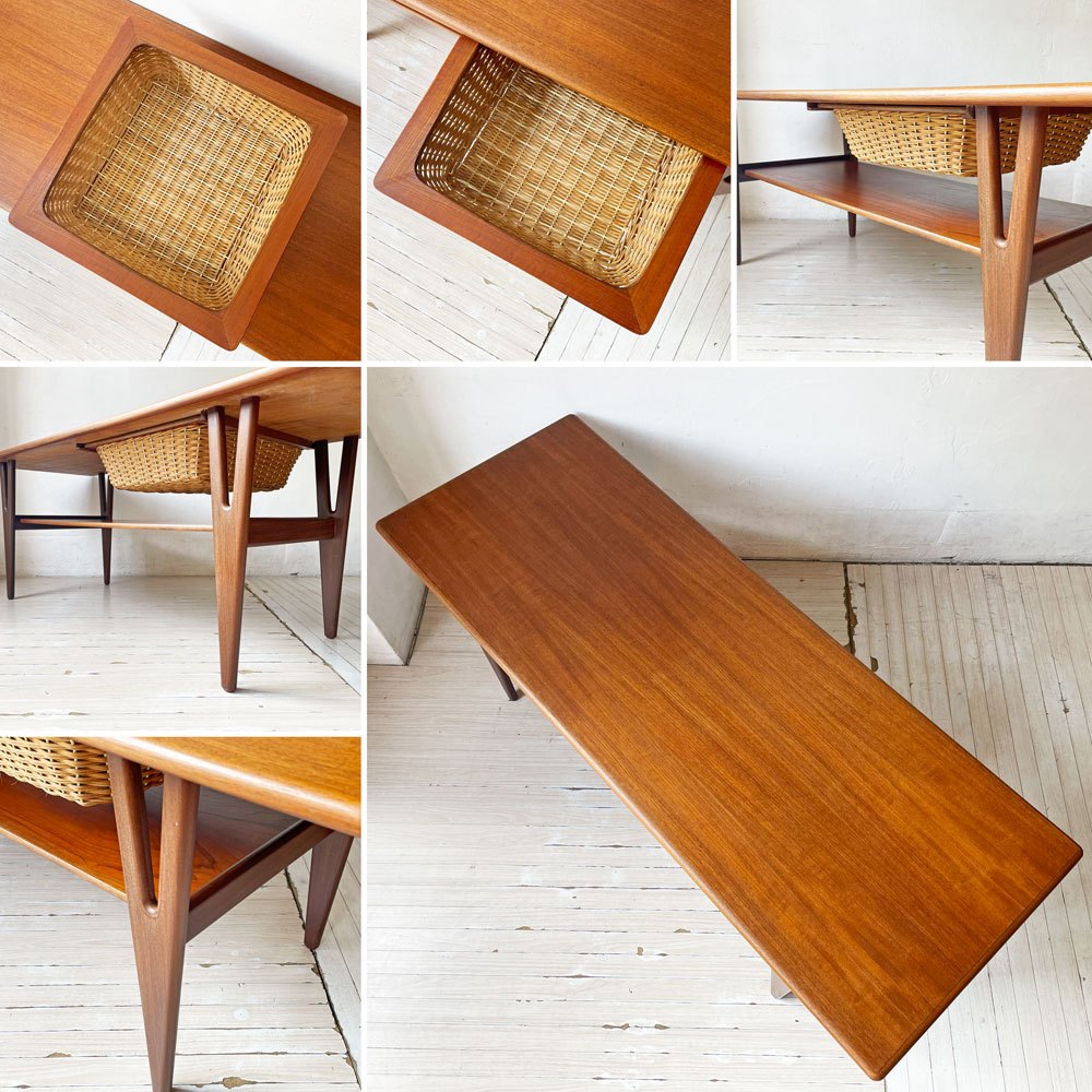 デンマークビンテージ Danish Vintage チーク材 コーヒーテーブル ローテーブル センターテーブル ラタンカゴ付き 北欧家具 ★