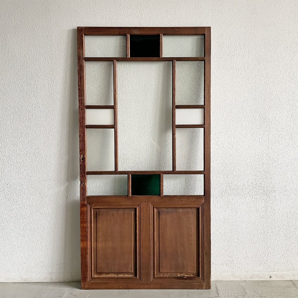 ジャパンビンテージ Japan Vintage ガラス戸 90.5×180cm 色ガラス 型ガラス 大正～昭和初期 建具 古家具 ガラスリペア品 〓