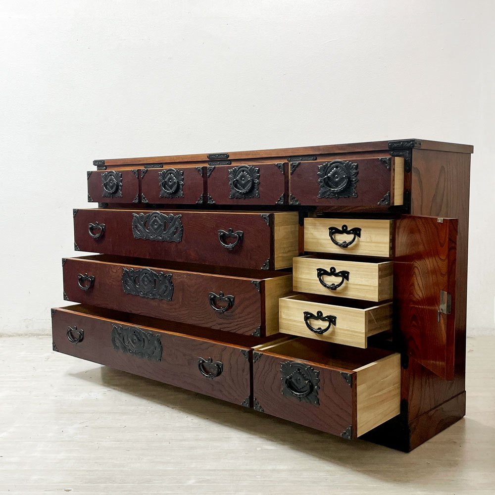 岩谷堂箪笥 鳳凰 六尺整理箪笥 ワイドチェスト 欅 拭漆 南部鉄器 伝統工芸 民芸家具 W169cm 鍵欠品 和家具 ●