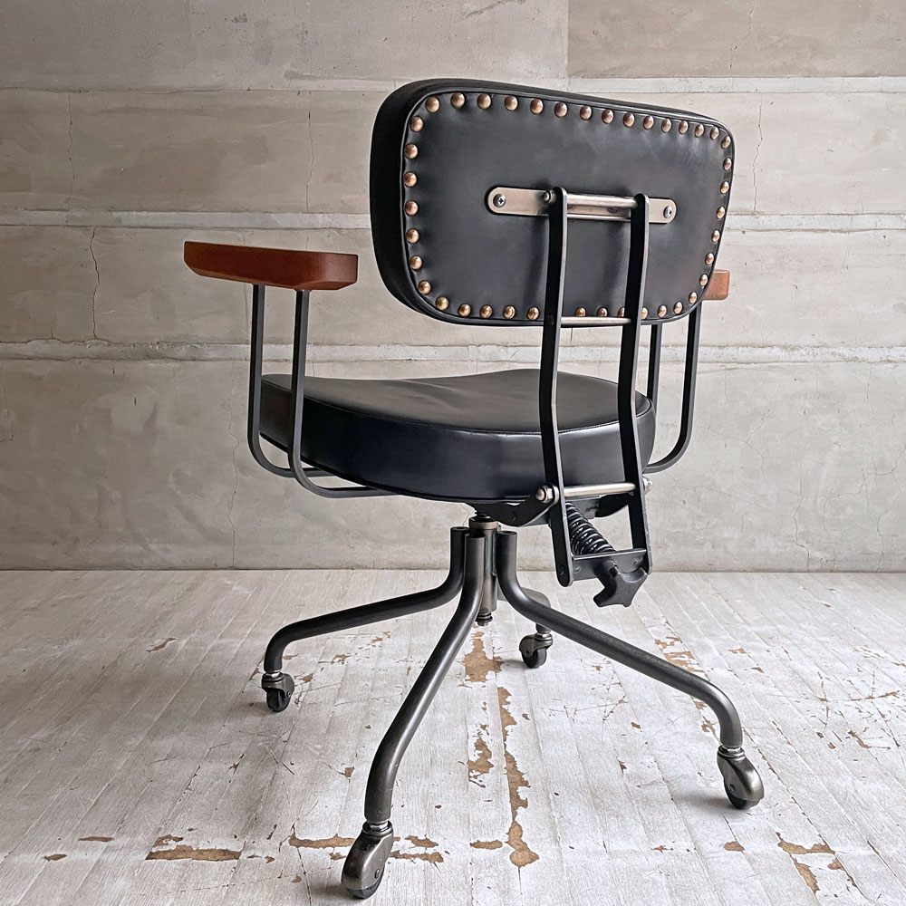 トラックファニチャー TRUCK FURNITURE デスクワークチェア DESKWORK CHAIR アームチェア レザー 本革 L-4ブラック オーク材 回転式昇降 定価 ￥183,700-