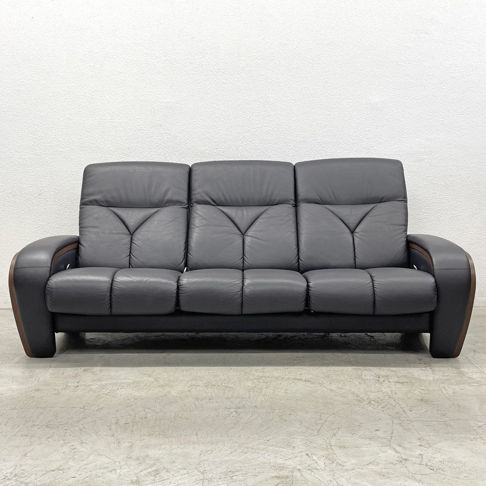 冨士ファニチア FUJI FURNITURE 3pソファ＋オットマン2台付き 本革張り リクライニング機能付き〓