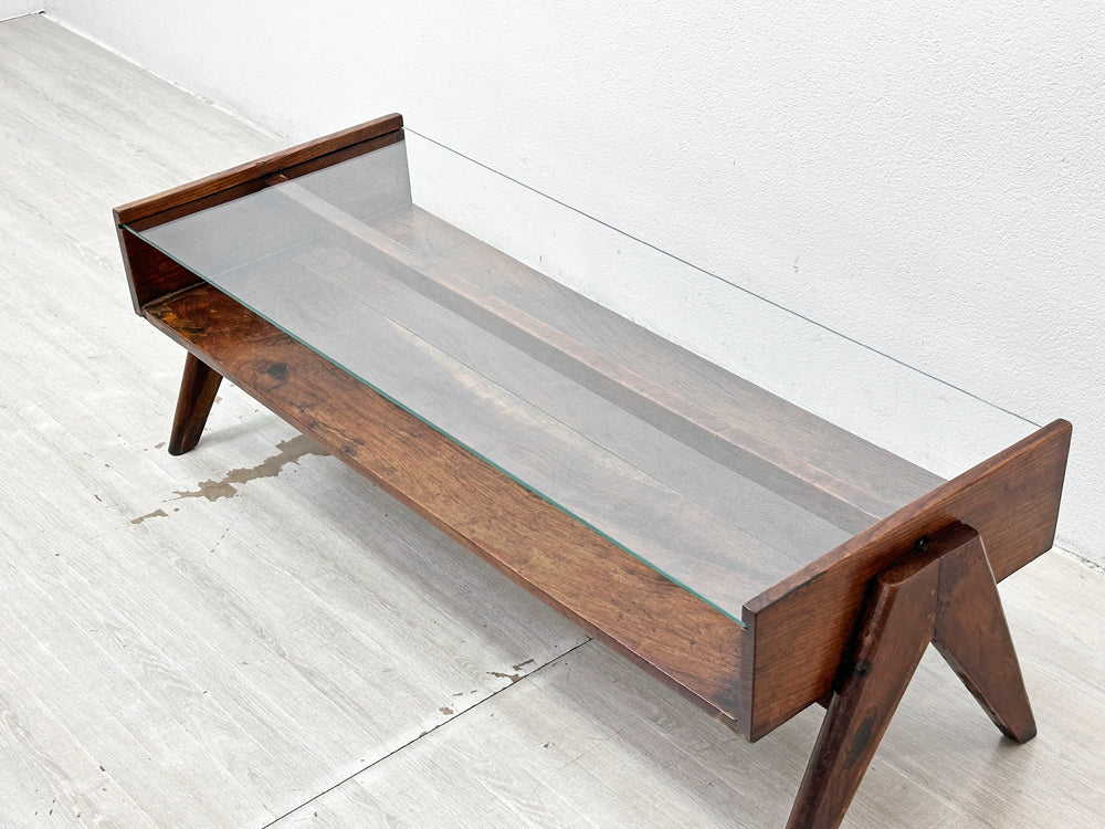 ピエールジャンヌレ Pierre Jeanneret コーヒーテーブル Coffee Table チーク無垢材 ガラス チャンディーガル レター有り 1960‘s ビンテージ PU/CH/-12 ●