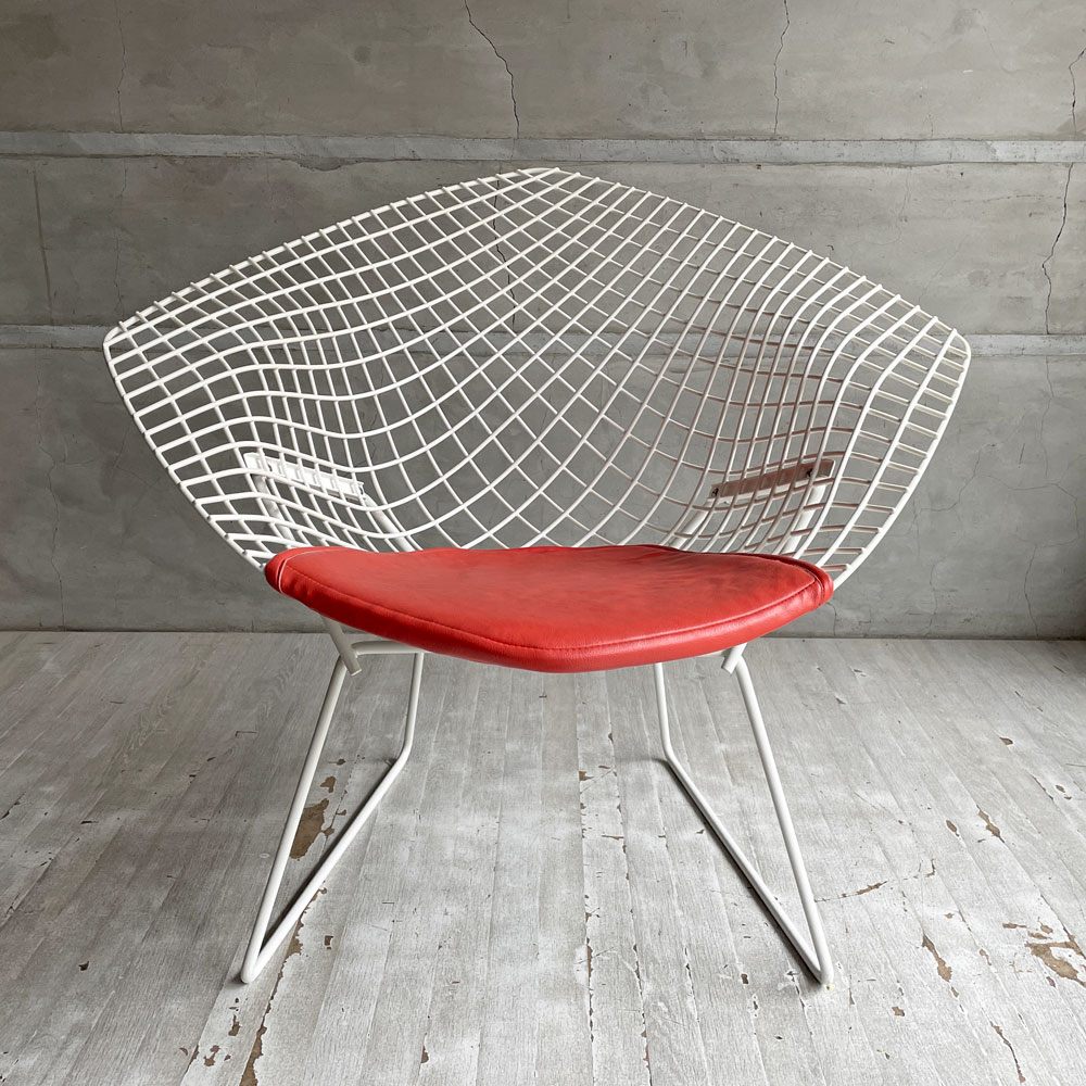 ノル Knoll ビンテージ ダイヤモンドチェア Diamond Chair ハリー・ベルトイア Harry Bertoia ホワイトフレーム シートパッド付 ミッドセンチュリー ♪