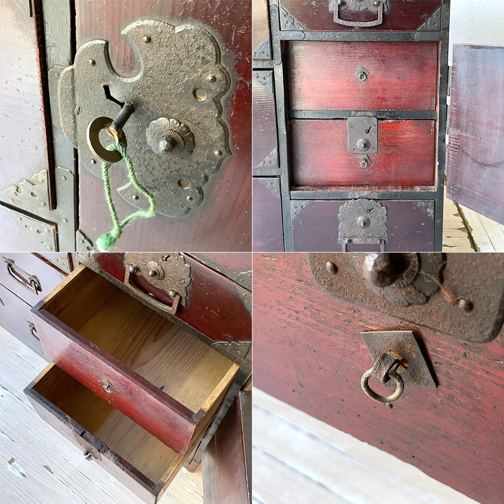 ジャパンビンテージ Japan Vintage 仙台箪笥 かくし収納・鍵付き 鉄金具 時代箪笥 和家具 民芸家具 古家具 伝統工芸 ★