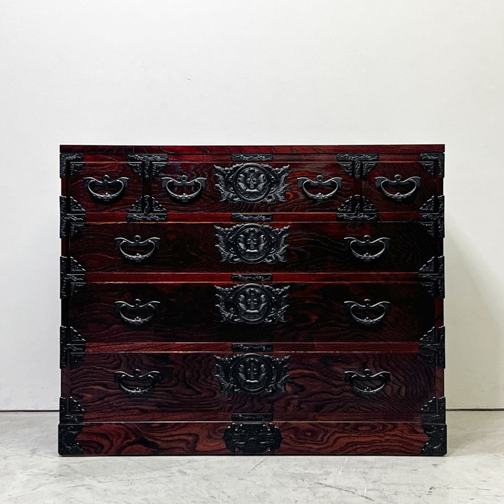 岩谷堂箪笥 整理箪笥 4段6杯 チェスト 欅材 南部鉄器金具 隠し収納 桐紋様 伝統工芸 民芸家具 和家具 ●