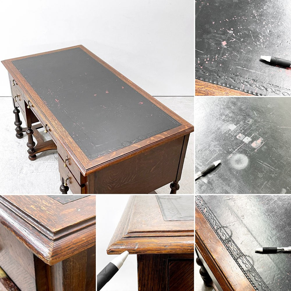 UKビンテージ Vintage オーク材 レザー張りデスク 5ドロワー ジャコビアン様式 英国家具 アンティーク 鍵欠品 ●