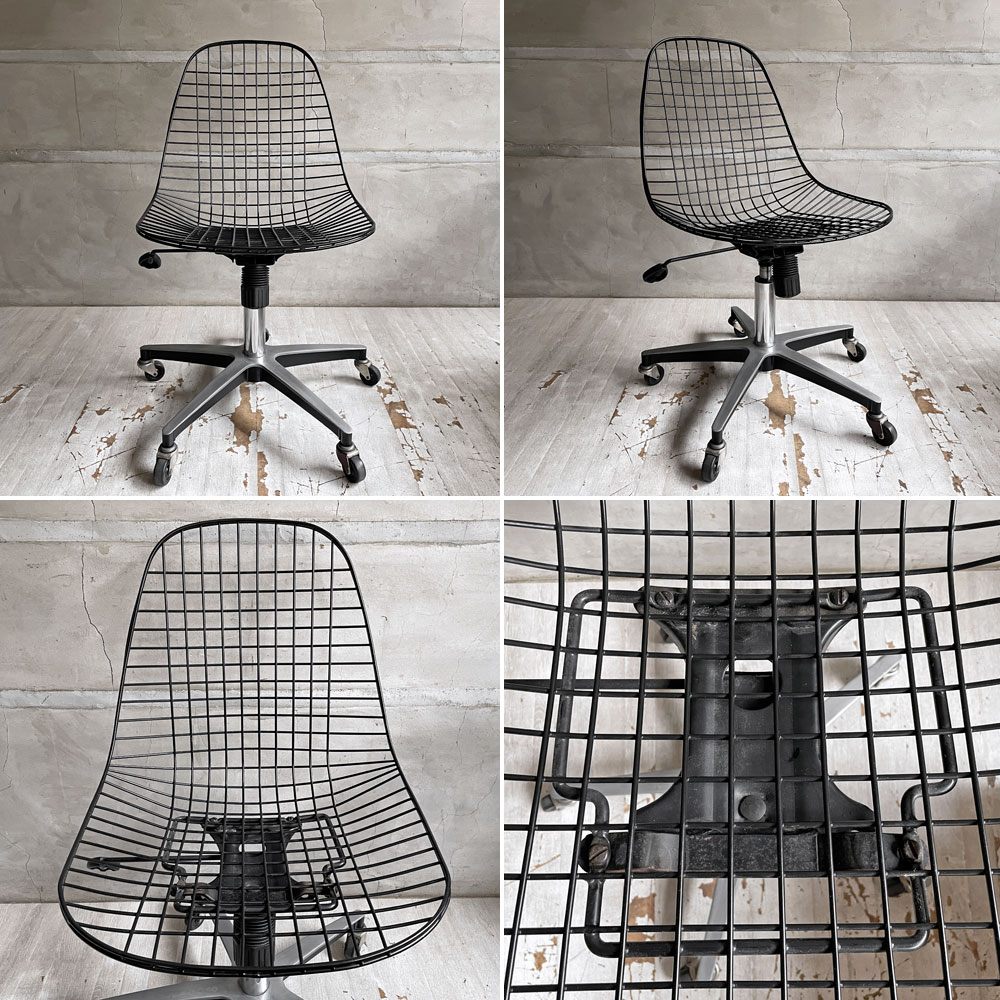 モダニカ MODERNICA ワイヤーチェア Wire Chair ブラックワイヤー ローリングベース キャスター ガス圧式昇降機能 シートパッド付 PVCレザー イームズ ミッドセンチュリー ♪
