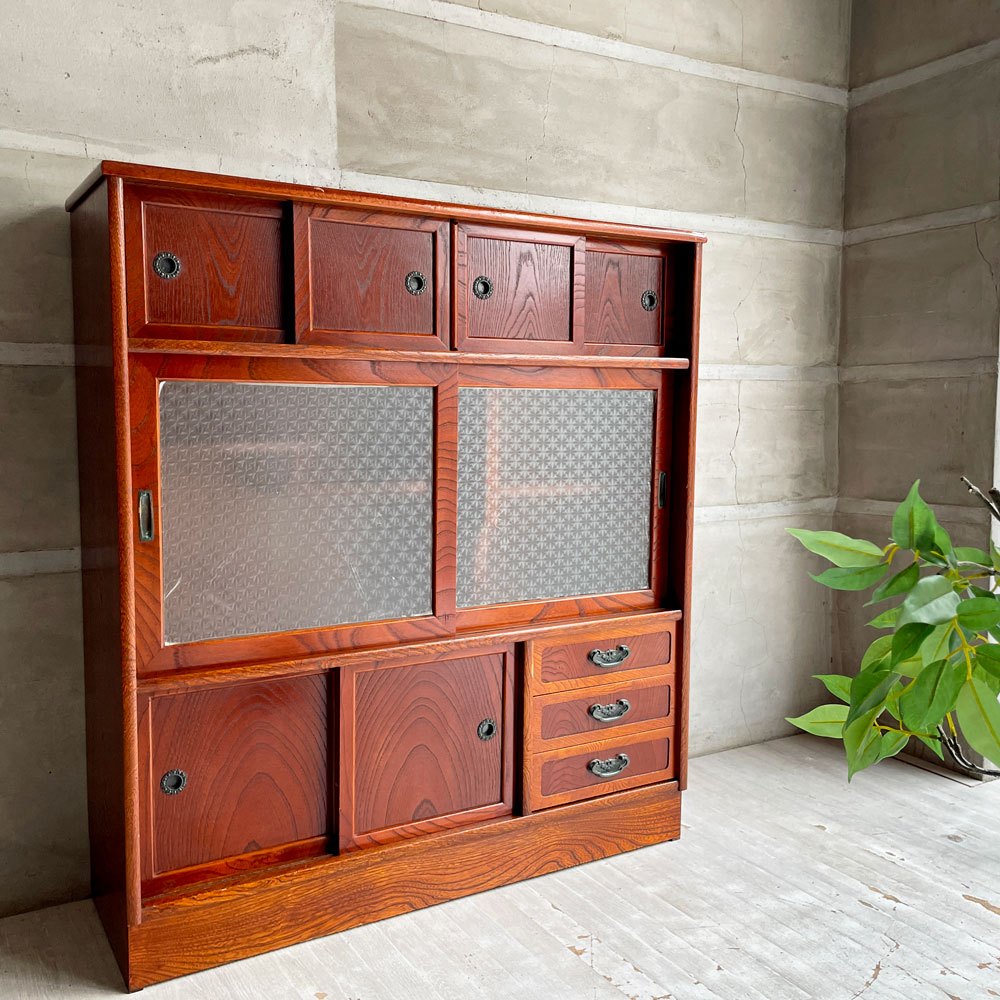 ジャパンビンテージ Japan Vintage 茶箪笥 食器棚 ガラス戸 抽斗 欅材 レトロ 古家具 和家具 ♪