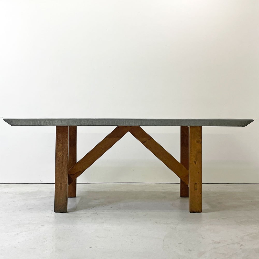 ヨーロッパビンテージ European vintage ジンクトップテーブル zinc top オーク材 ウッドベース リメイク ダイニングテーブル ワークテーブル w183cm ●