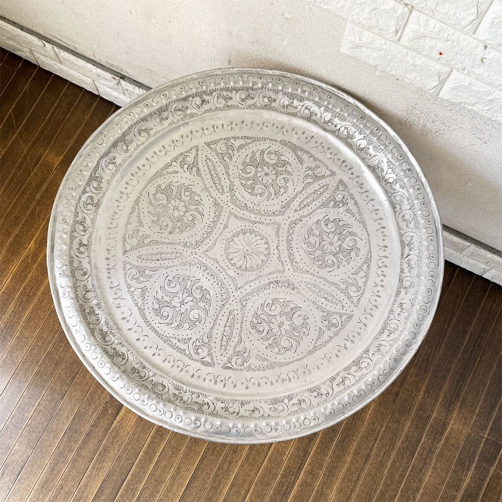 モロッコ家具 Moroccan Furniture フォールディング メタルトレイテーブル ティーテーブル センターテーブル Φ76cm 木製脚 折りたたみ式 ◎