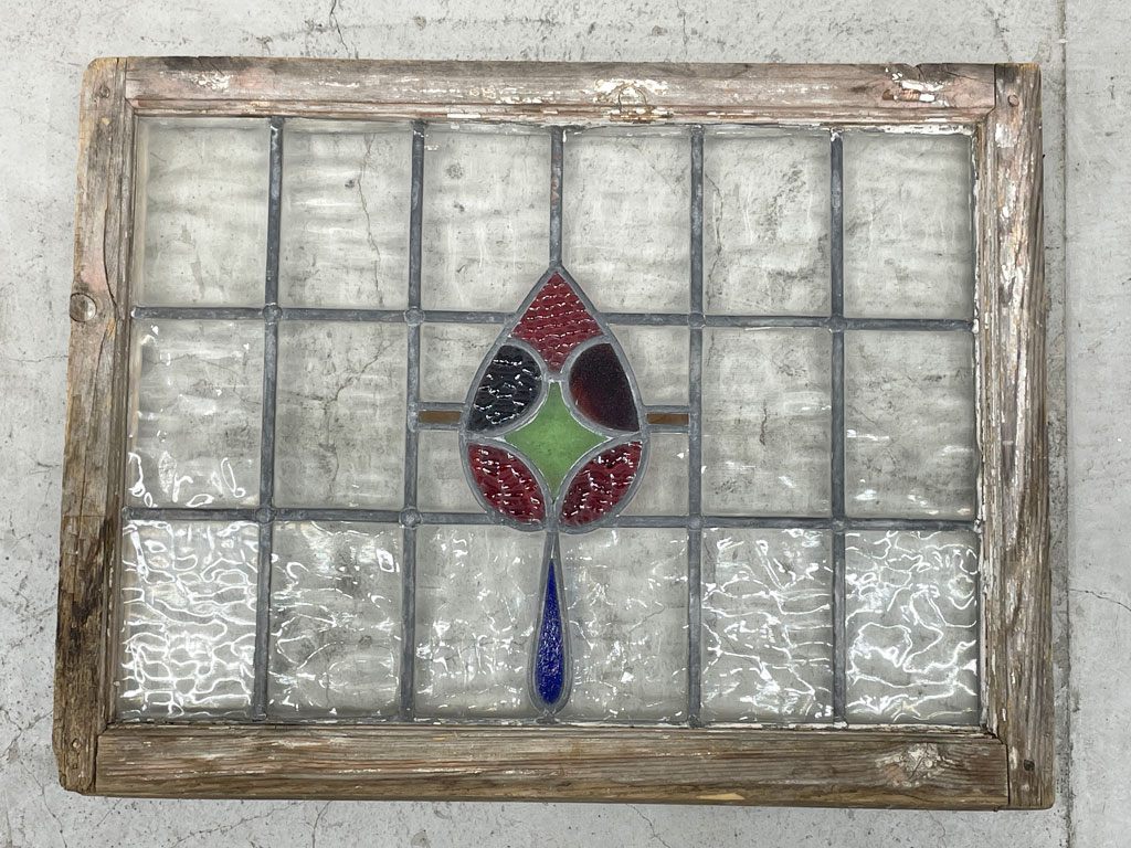 ヨーロピアンビンテージ ステンドグラス stained glass 木枠 窓枠 ディスプレイ パネル 店舗什器 シャビーシック ラスティック 〓