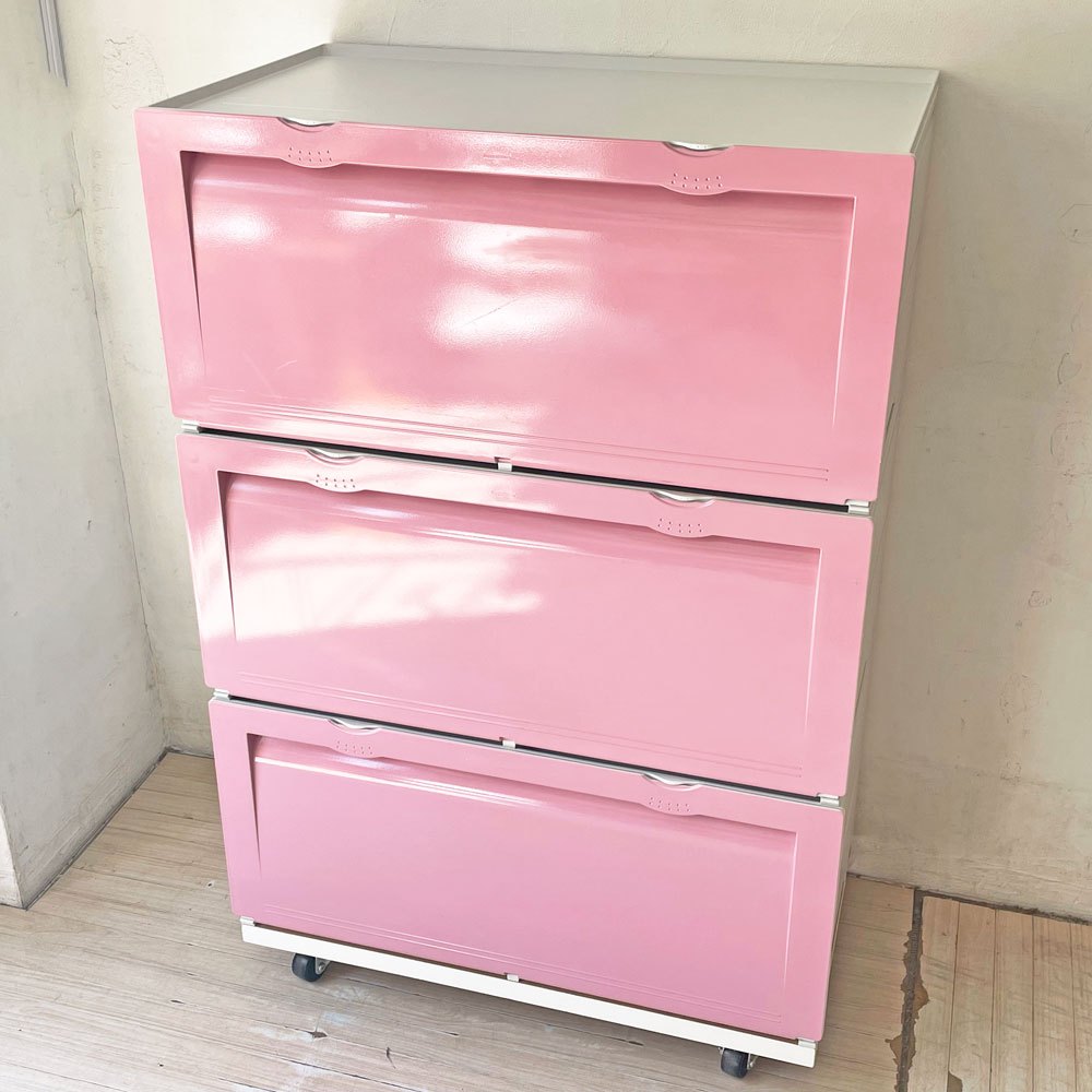 タッパーウェア Tupperware スーパーチェスト ワイド Super chest Wide 引出1段 ピンク 3段セット 専用カート付き ★