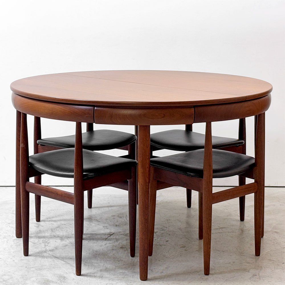 フレムロジェ Frem Rojle ディネッテ Dinette エクステンション ラウンド ダイニングテーブル & ダイニングチェア 4本脚×4脚 計5点セット ハンス・オルセン Hans Olsen 北欧家具 ビンテージ ●