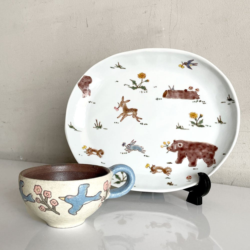 すずきまこと マグカップ 鳥と花柄 陶器 Φ9.5×H6 現代作家 ■