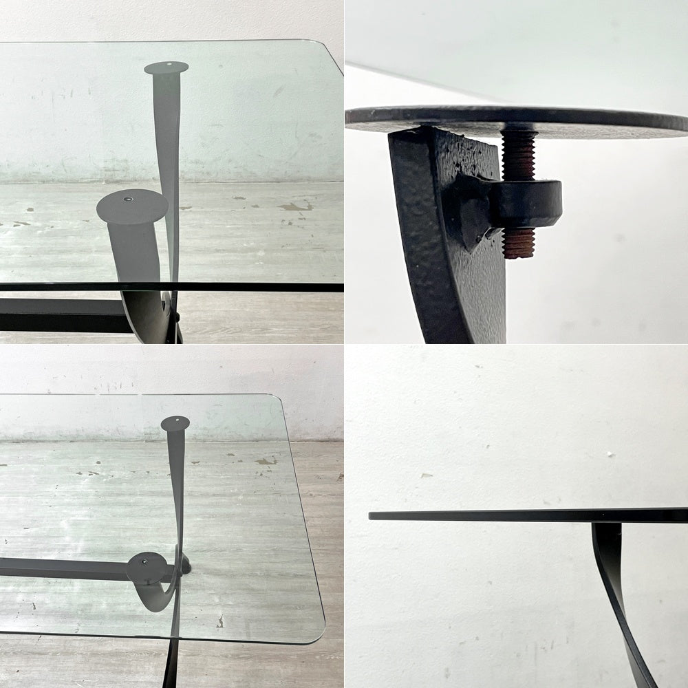 アイアンフレーム ガラストップ ダイニングテーブル クロスレッグ インダストリアルデザイン W159cm ●