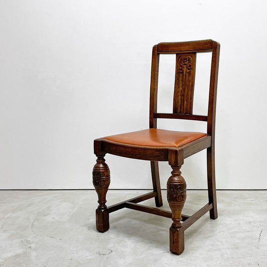 UKビンテージ vintage オーク材 ダイニングチェア バルボスレッグ PVCレザー 英国家具 アンティーク B ●