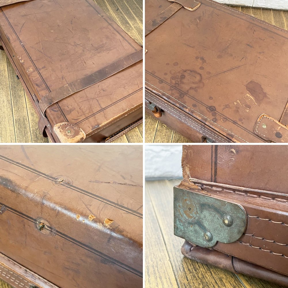 ビンテージ Vintage レザートランク スーツケース ストラップ留め ブラウン 店舗什器 鍵欠品 現状品 ◎