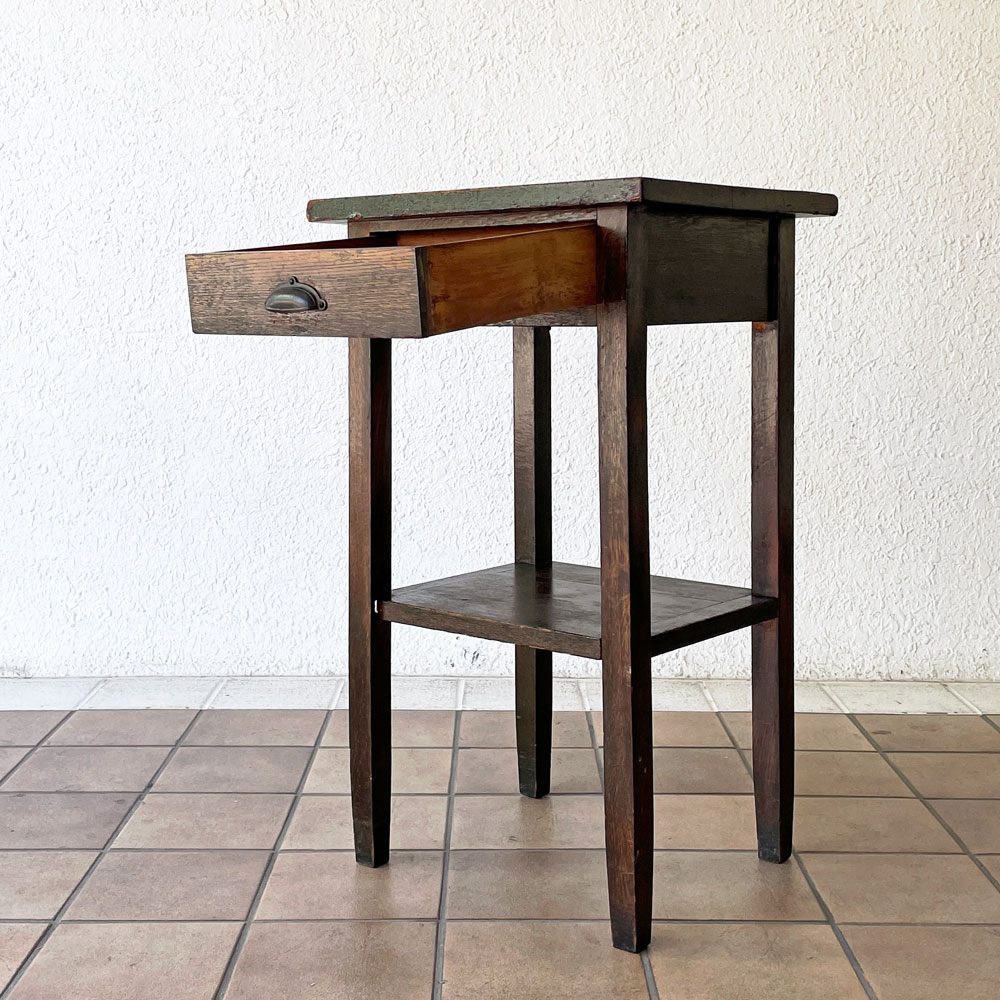 ジャパンビンテージ 木製花台 サイドテーブル フラワースタンド 抽斗1杯 ハンガーバー付き 古家具 店舗什器 ◇