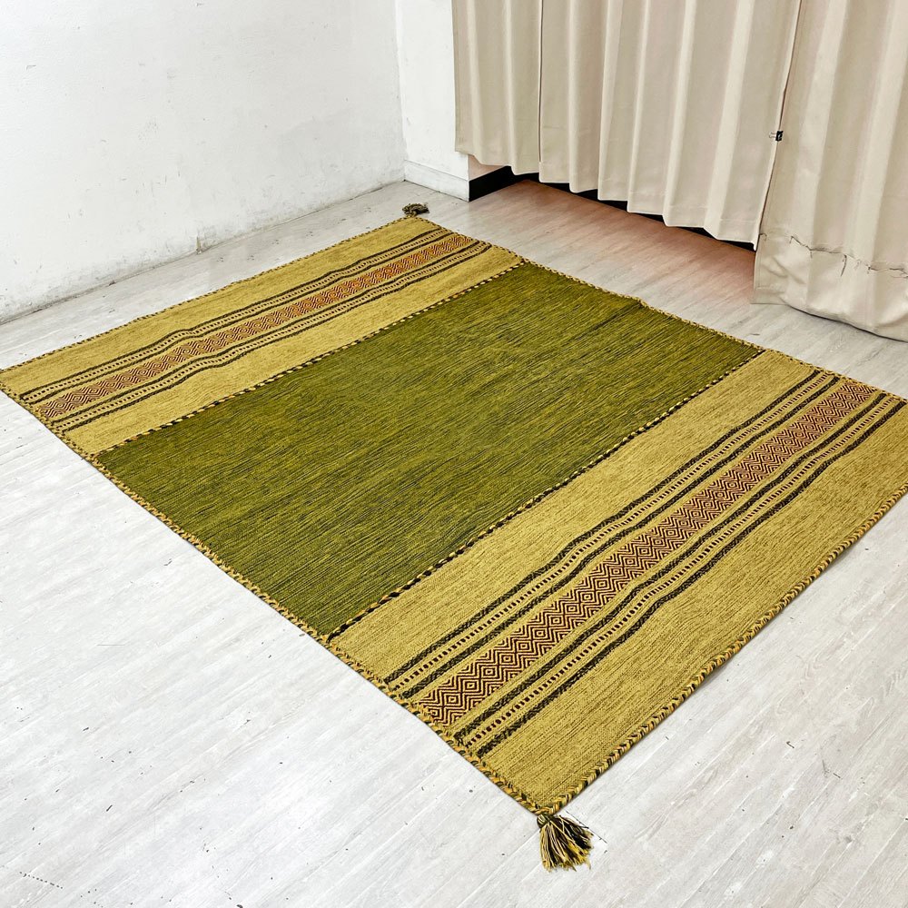 サヤンサヤン SAYANSAYAN インドキリム ラグマット インド綿 幾何学模様 手織り コットン 250×195cm グリーンベース ●