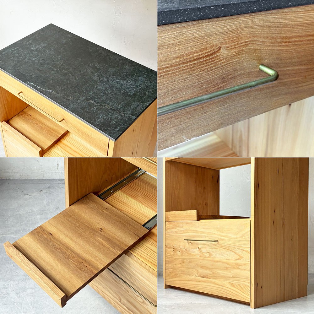ヒダコレ家具 HIDA Collection キッチンボード ニレ材 セラミック天板 マーブル調 W75cm ホテルライク モダン オーダーファニチャー 国産家具 ★