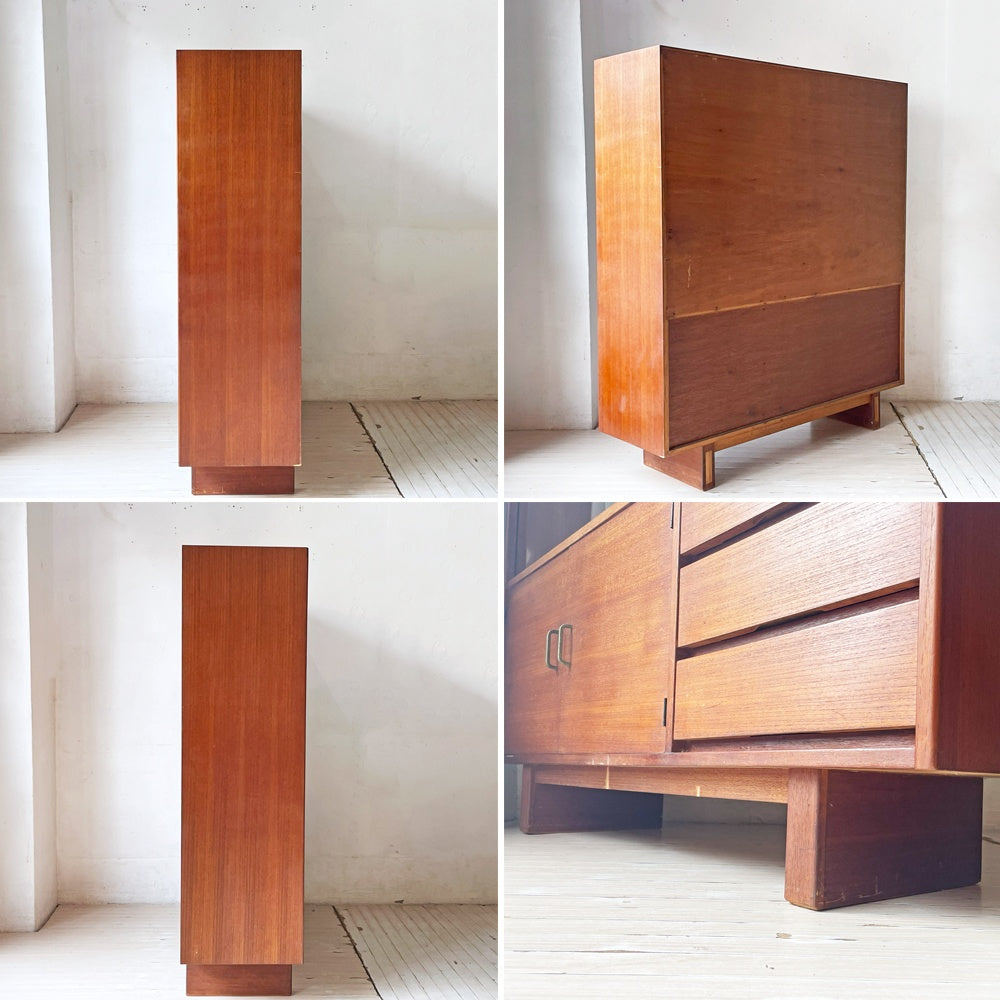 ジャパンビンテージ チーク材 ガラスキャビネット リビングボード 棚板5枚 3ドロワー 北欧スタイル ブロカント 水屋 ジャパニーズモダン ★