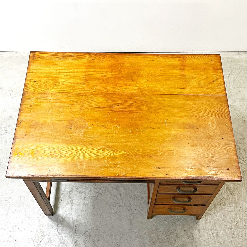 ジャパンビンテージ Japan Vintage 古い木味の片袖机 デスク 抽斗5杯 古家具 レトロ ●