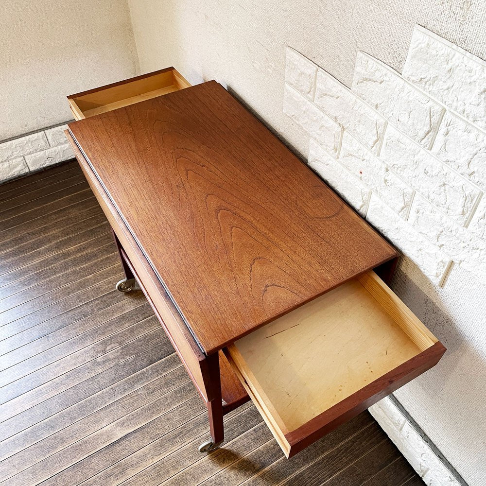 北欧ビンテージ Scandinavian Vintage チーク材 バタフライワゴン キッチントローリー W41.5/58/69.5cm 2ドロワー キャスター付 北欧家具 ◎