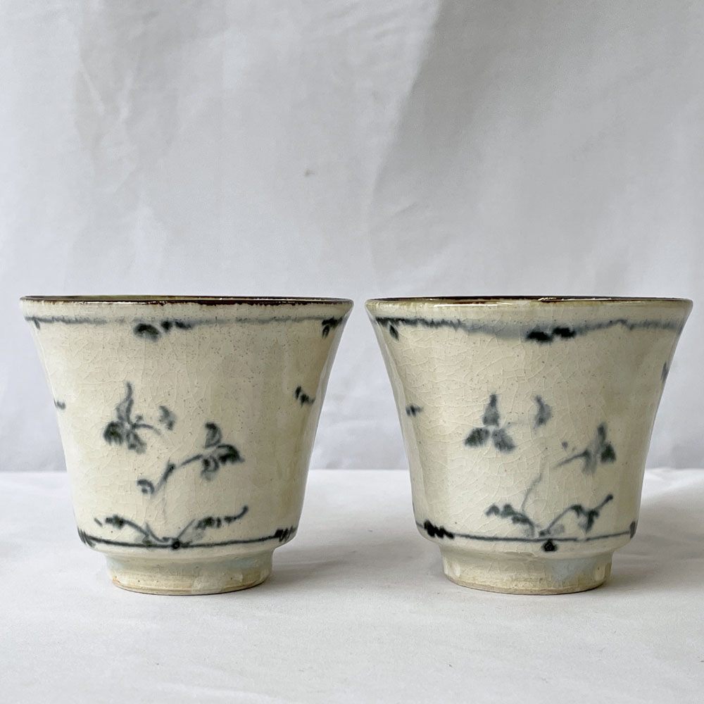 藤田佳三 染付小湯呑 カップ 2客セット 陶器 植物 花 現代作家 ◇
