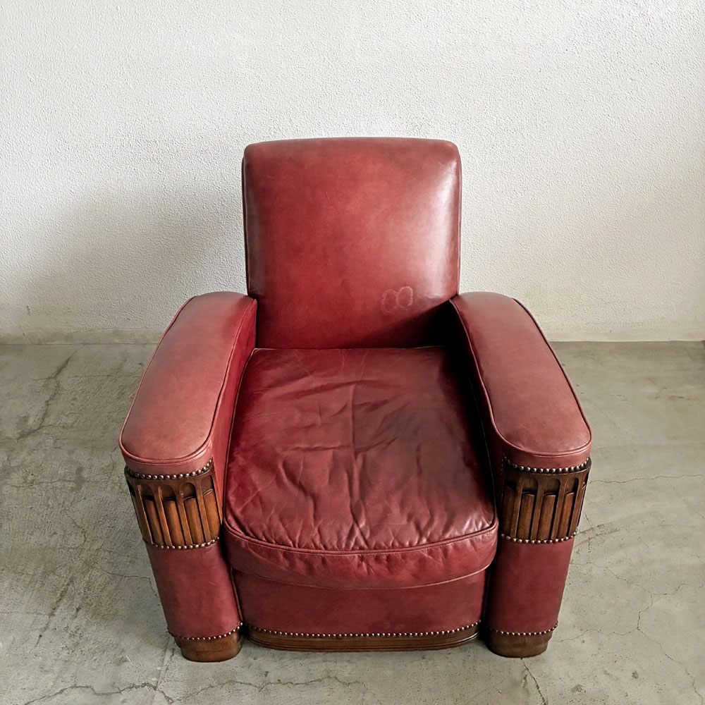 UKビンテージ Vintage クラブチェア 1人掛けソファ ラウンジチェア 本革 レッド系レザー オーク材 アールデコスタイル 英国家具 〓