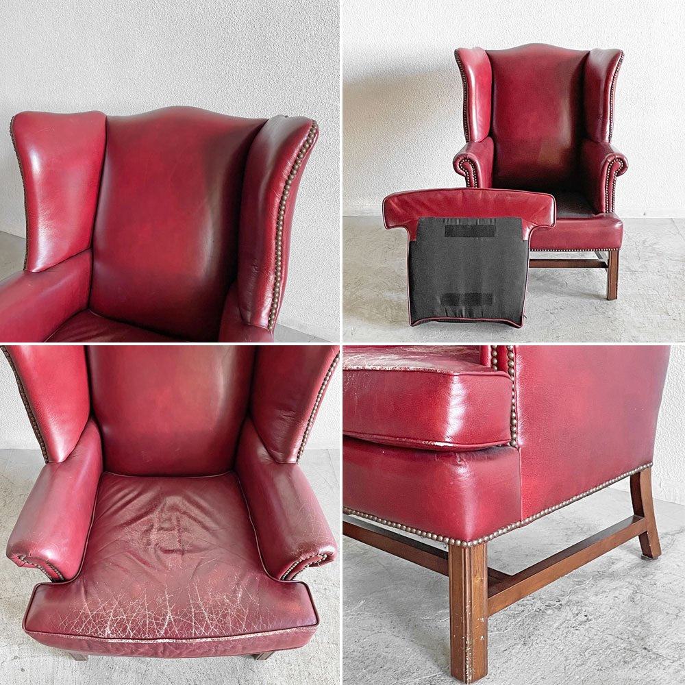 ポッタリーバーン Pottery Barn ウイングバックソファ 1人掛け ラウンジチェア 本革 ワインレッド USビンテージ 〓