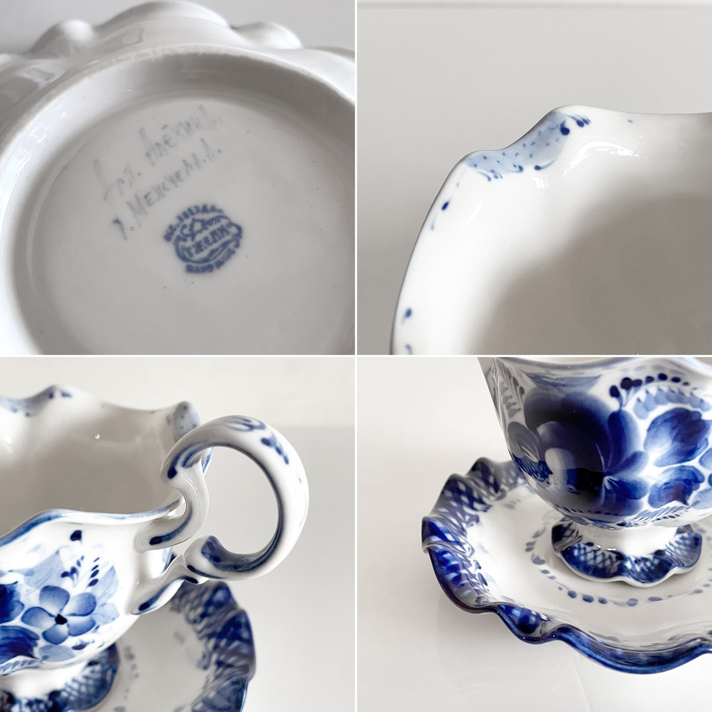 グジェリ陶器 カップ＆ソーサー C&S コバルトブルー 藍色 ホワイト ロシア B ■
