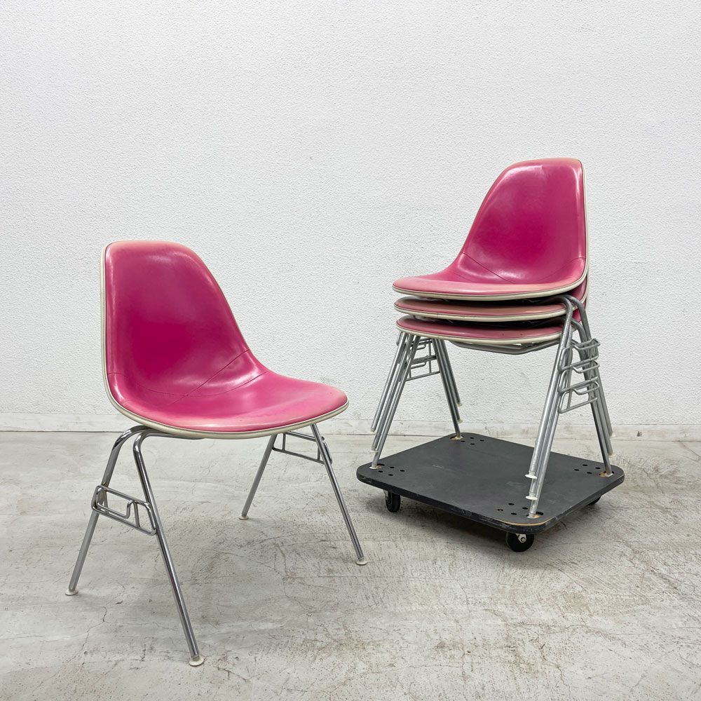 ハーマンミラー Herman Miller サイドシェル チェア サード 3rd FRP PVCレザー スタッキングベース イームズ ビンテージ 4脚セット 台車付 〓