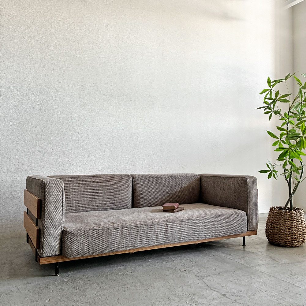 モモナチュラル MOMO Natural エヌボックス N.BOX SOFA ワイド3Pソファ カバーリングファブリック グレー系 オーク材 W205cm 定価￥205,000-以上 〓